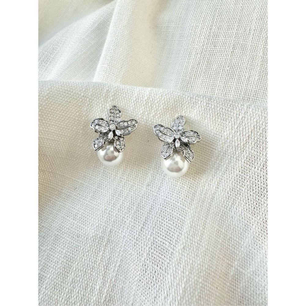 Cubic zirconia orchid pearl drop earrings